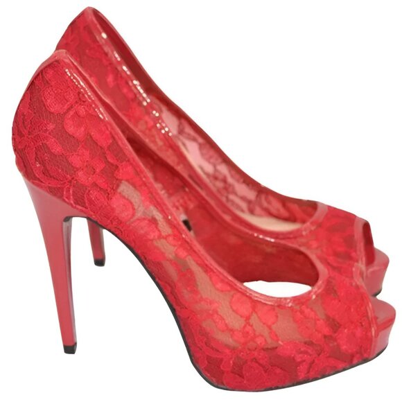 Guess Holiday Christmas Red Lace Toe Pin-Up Platform Party Stilettoes Heels 7.5 - Picture 3 of 8